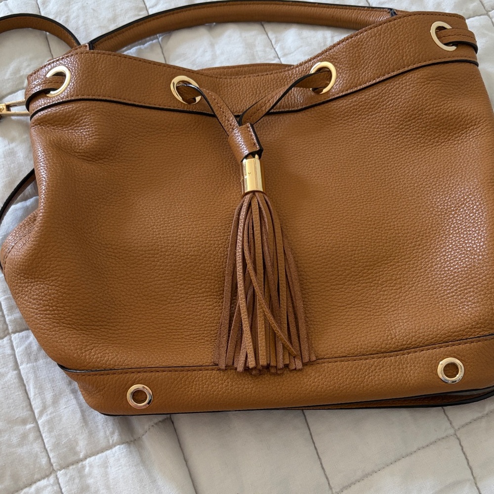 Milly Tan Leather Shoulder Bag with Gold Accents